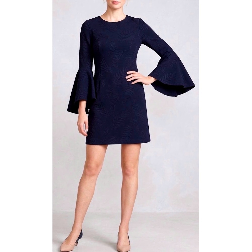 Lilly Pulitzer Navy Blue Jacquard Bell Sleeve Shift Dress Size 4 Gold Zip